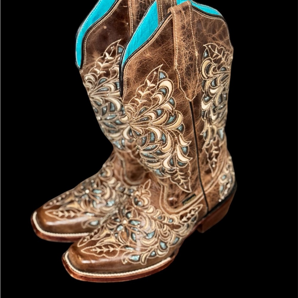 Brown and Blue Heeled Boots with Intricate Embroidery